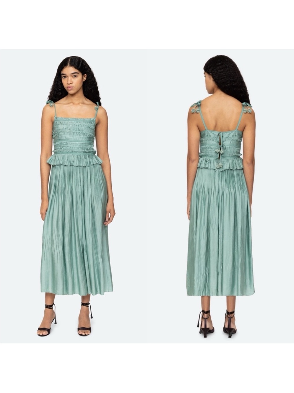 Sea New York Smocked Tie-Shoulder Midi Skirt in Seafoam
